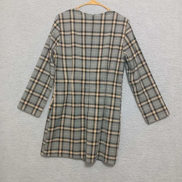 H&M Mod Plaid Long Sleeve Mini Shift Dress Size M Academia Old Money Neutral - Picture 8 of 14